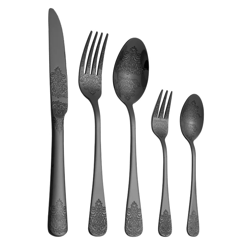 5Pcs Cutlery Set Stainless Steel Tableware Carving Golden Dinnerware