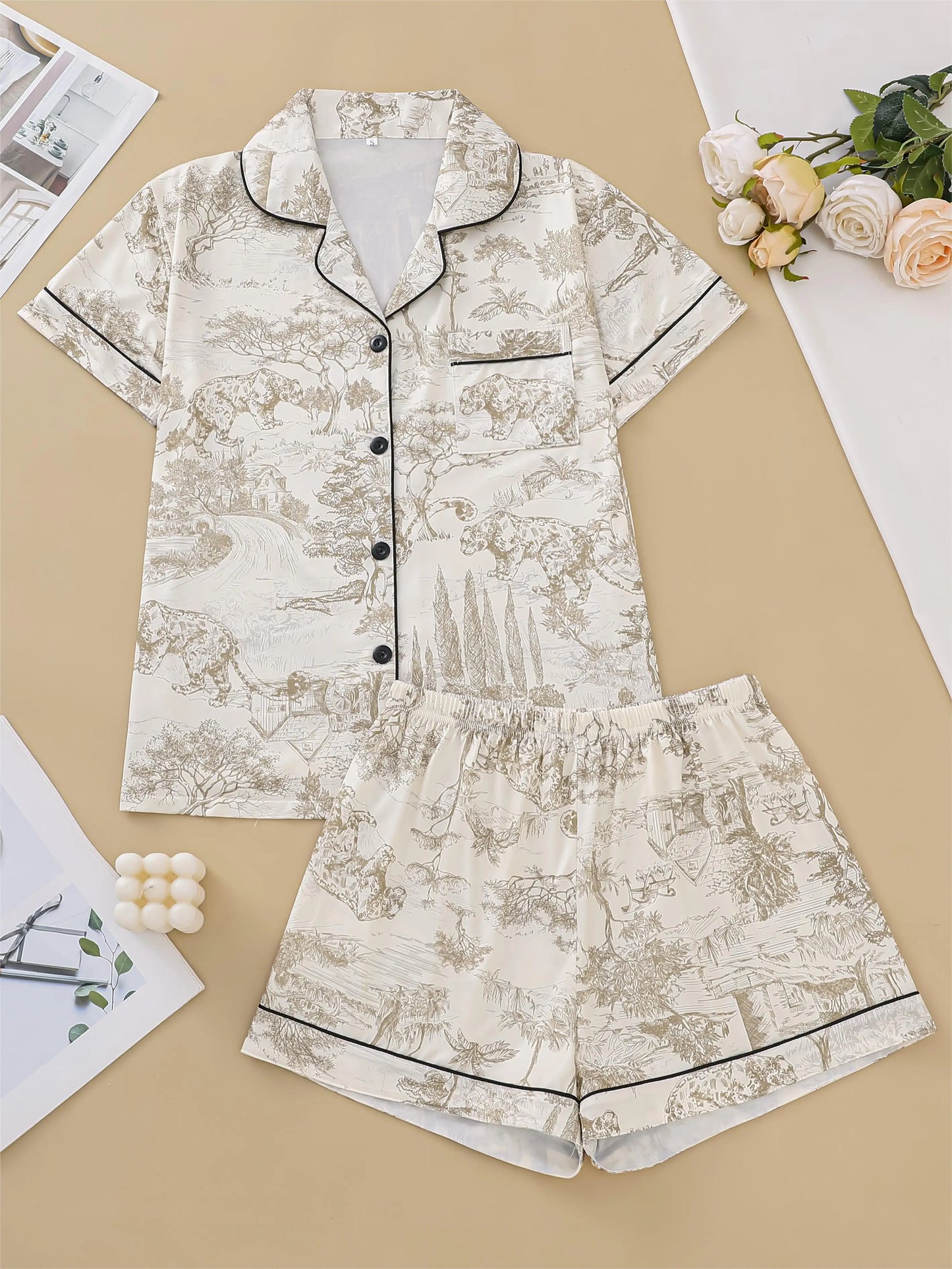 Natural animal print comfortable pajama set short-sleeved lapel top and elasticated waistband shorts loungewear