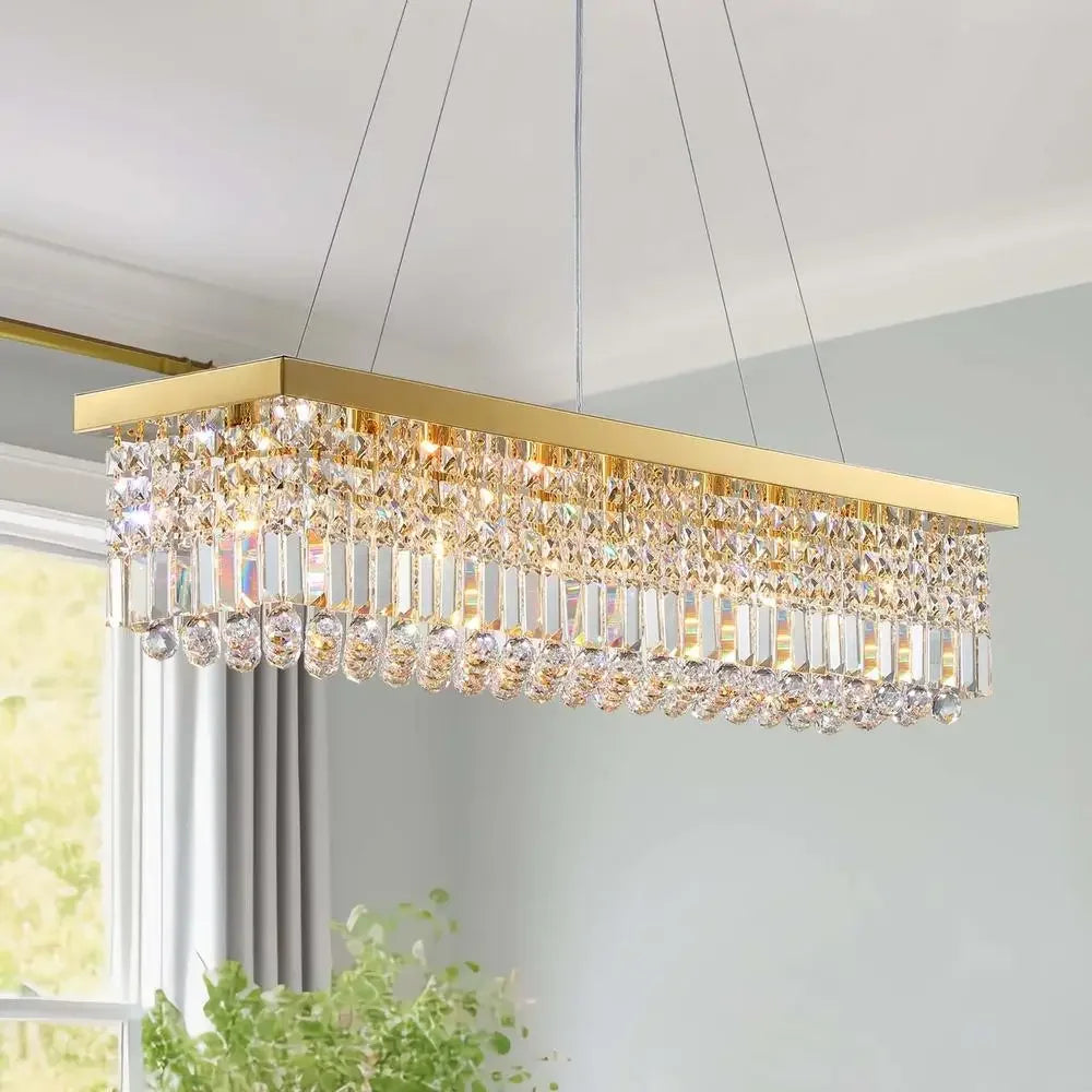 Modern Rectangular Gold Crystal Chandelier Pendant Light Fixture Dining Kitchen Island E12 Bulb 8-Light Adjustable Chain
