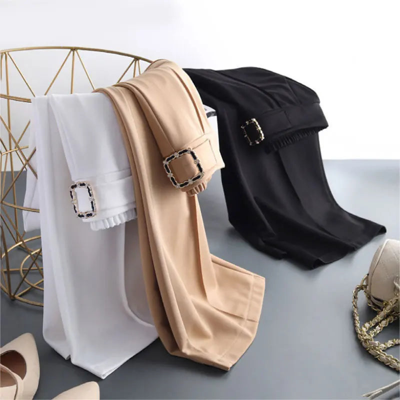 Women High Elastic Waist Silk Wide Leg Pant