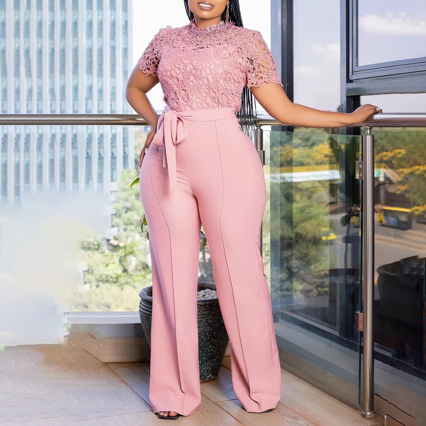 Elegant Jumpsuits & Rompers for Women O Neck Short Sleeve Sashes Lace