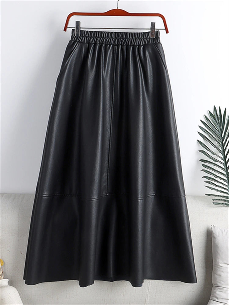 Elegant Faux PU-Leather Midi Skirts High Waist