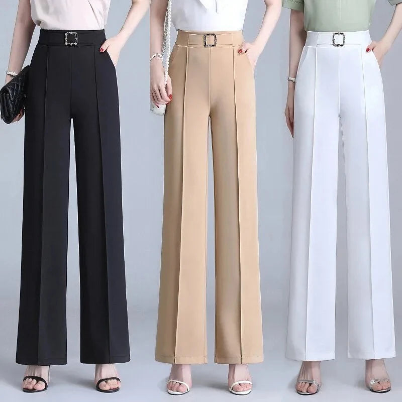 Women High Elastic Waist Silk Wide Leg Pant