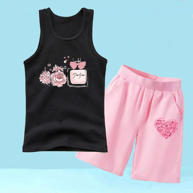 Summer Girls 2PCS Vest Set Perfume Bottle Print Sleeveless Top and Shorts