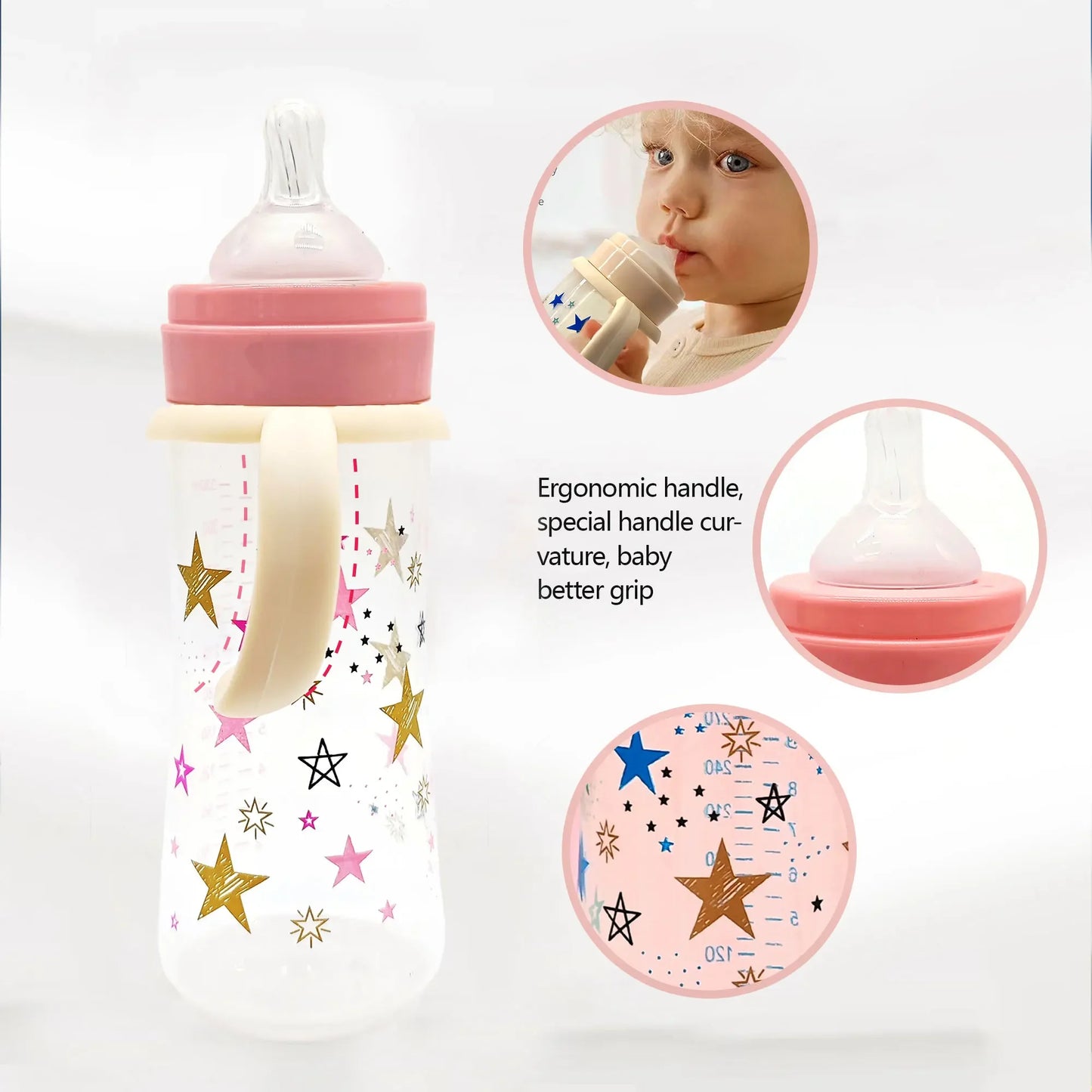1PC 330ml large-capacity baby feeding bottle star PP wide diameter anti-fall lightweight ergonomic handle design