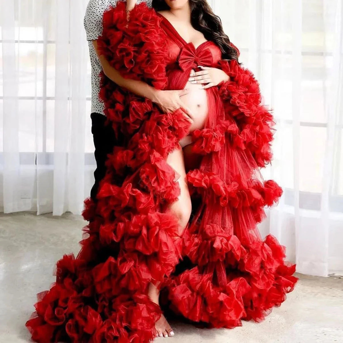 Maternity Dresses for Photoshoot Puffy Tulle Women Robe Long Sleeve Maxi Gown Wedding Anniversary Pregnancy Sleepwear Nightwear