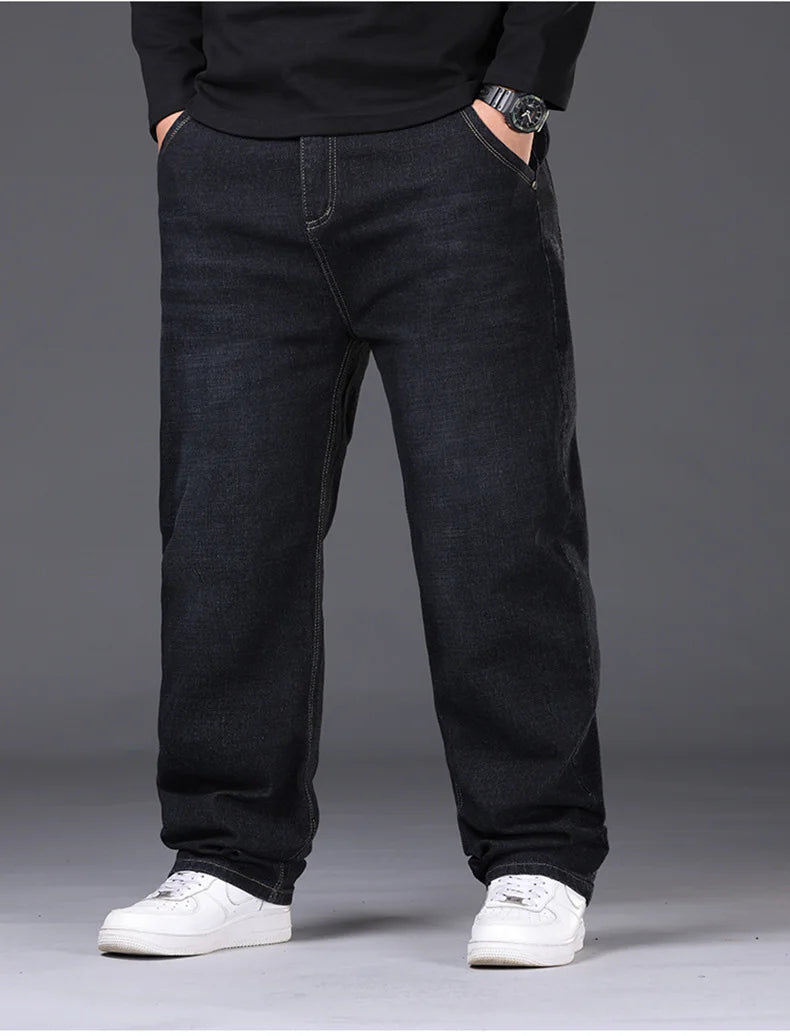 34-50 Sizes Men's Stretch Jeans Straight Leg Denim Pants Extended Sizing Blue/Black Streetwear Relaxed Fit for Work & Casual