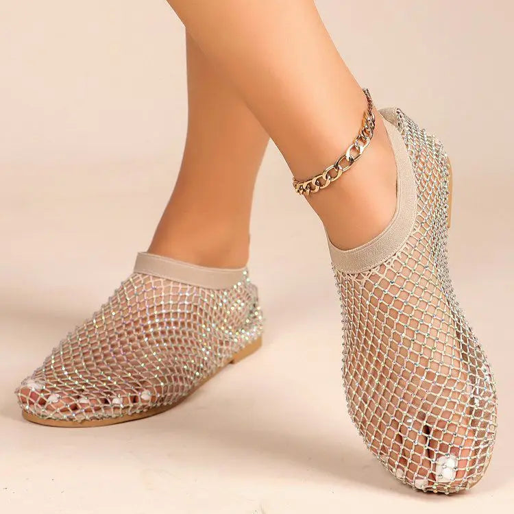 Summer Women's round Toe Flat Bottom Sandals Casual Slip-On Sexy Diamond