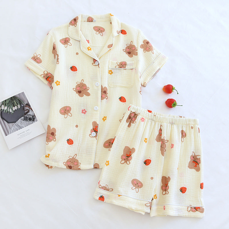 Summer pajamas short-sleeved shorts two-piece cotton crepe