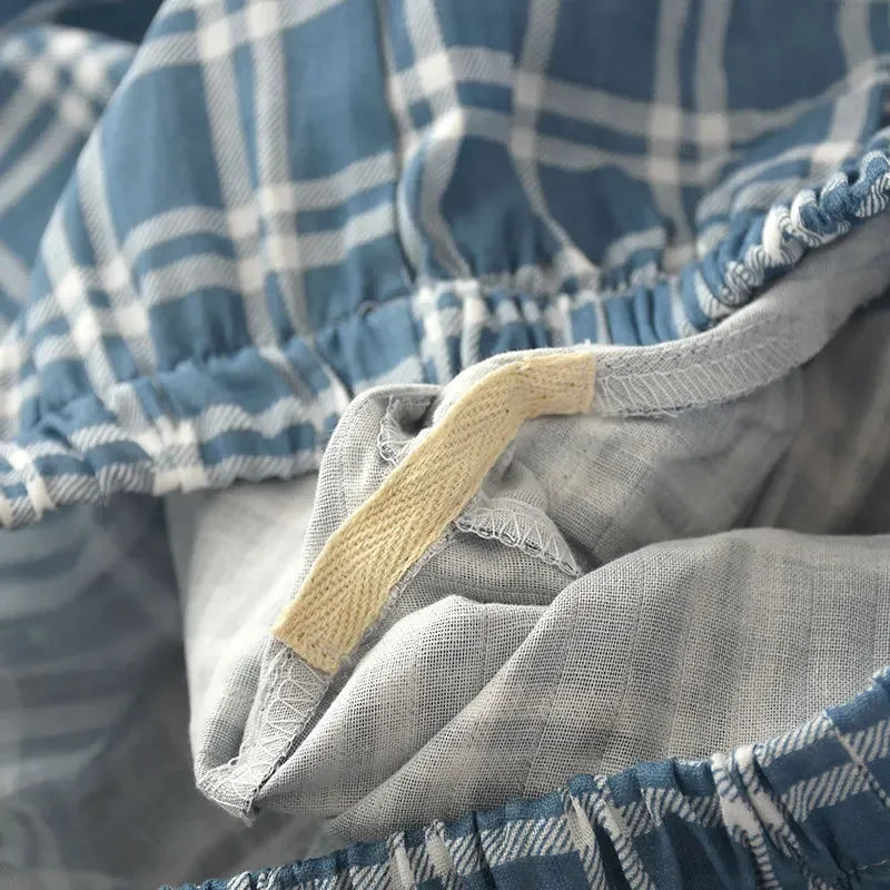 Men's Pajamas Sets Long-sleeved Cardigan Tops and Trousers 100% Cotton Double Gauze Lattice Sleepwear