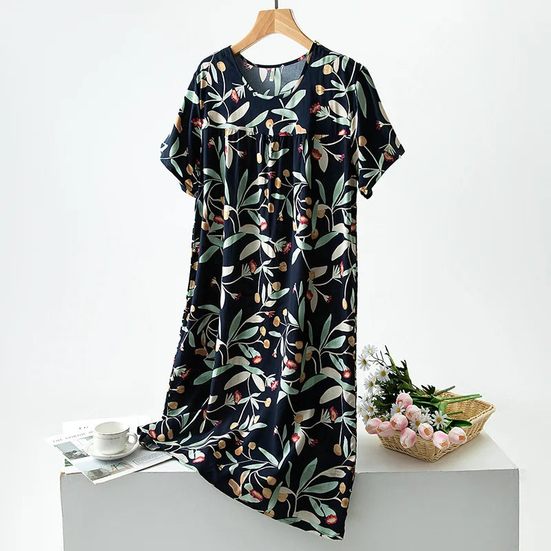 Summer Women Nightgown Short Sleeve Round Neck