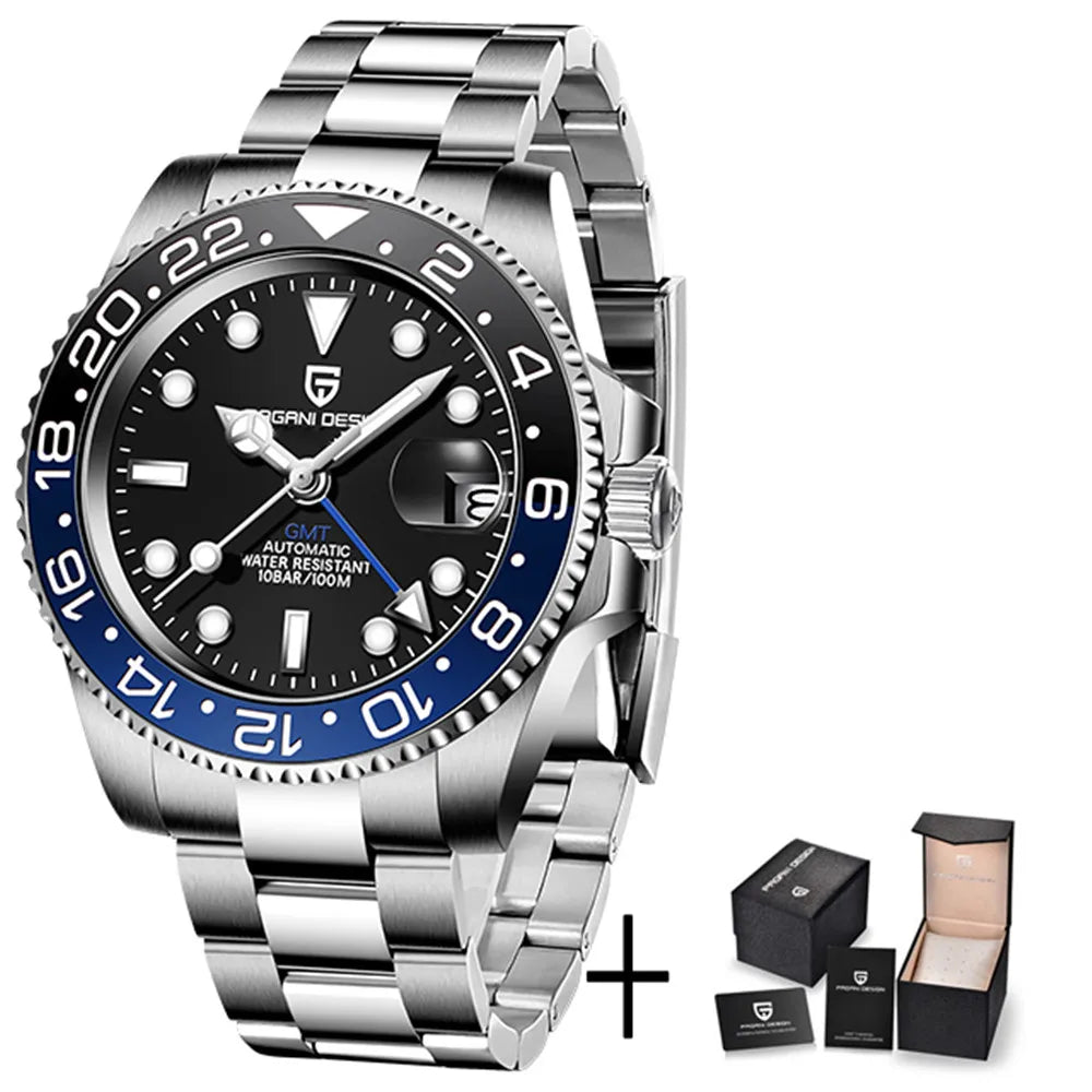Luxury GMT Men's Mechanical Wristwatch Sapphire Glass Stainless Steel 100M Waterproof Automatic