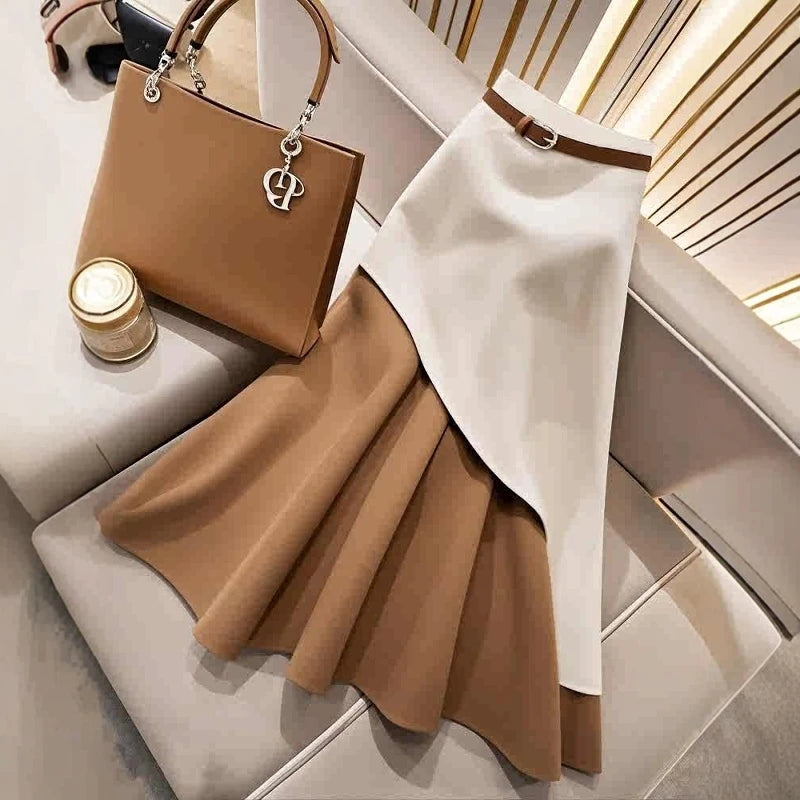 Women's Casual Brown White Patchwork Elegant Skirt Autumn/Winter High Waist Skirts