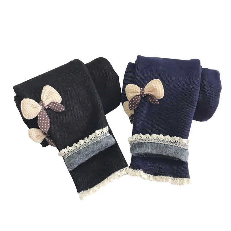 Girls Jean Pants Warm Leggings Thick Velvet Bowknot Kids