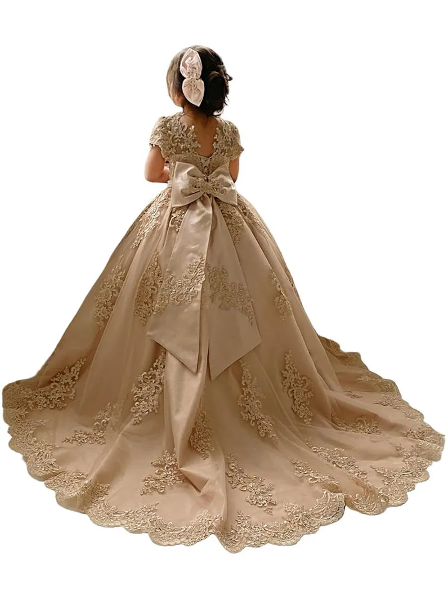 Flower Girl Princess Dresses for Wedding Pageant With Bow-knot Beaded Appliques Long Train Party Gowns