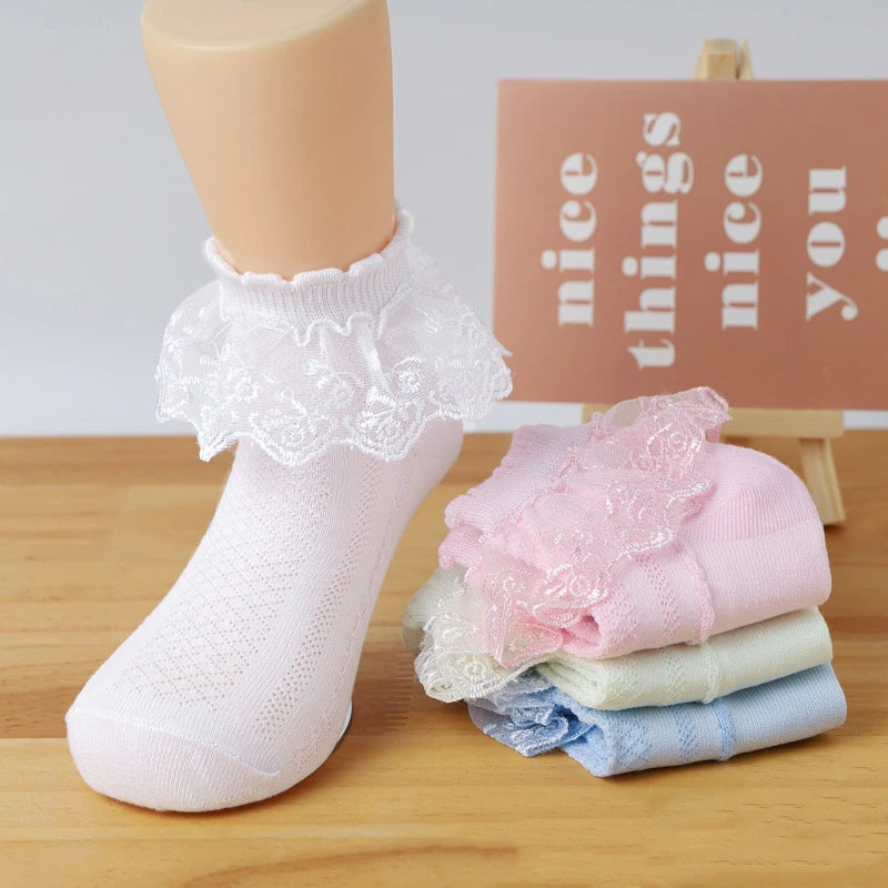Breathable Cotton Socks with Ruffle Lace