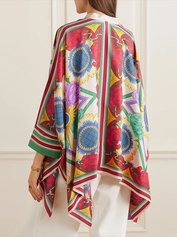 Spring Stylish Women Sleeves Flower Print Stand Collar Blouse
