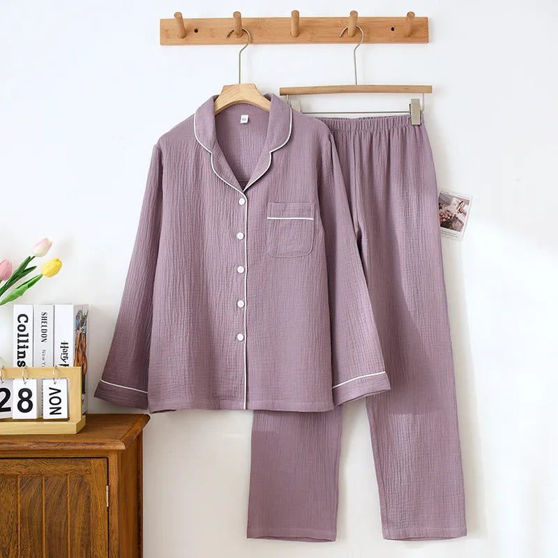 Spring and Autumn Couple Pajamas Set 100%Cotton Crepe Long Sleeve Pants Two Piece Men's and Women's Large Size