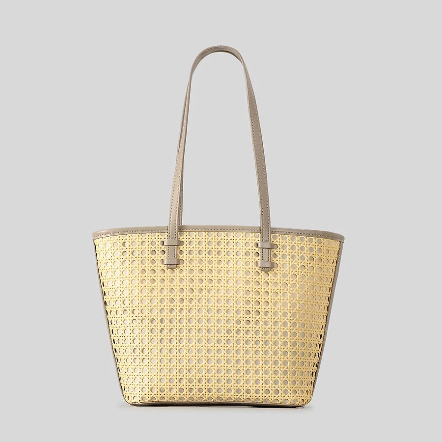 Fashion Hollow Buckets Faux Rattan Woven Women Shoulder Tote Bags