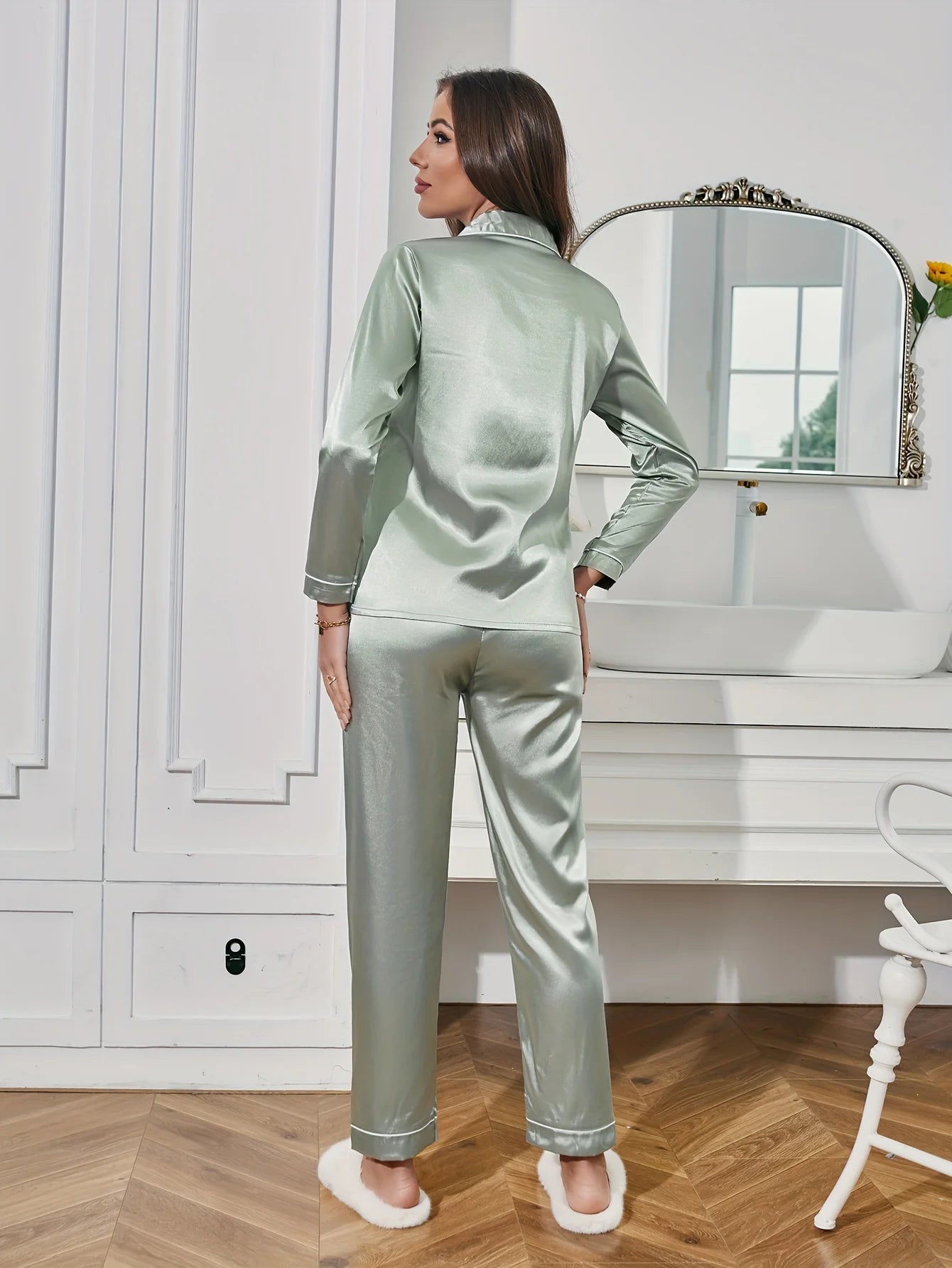 Women Solid Pajama Set Long Sleeve Button Up Lapel Top & Pants