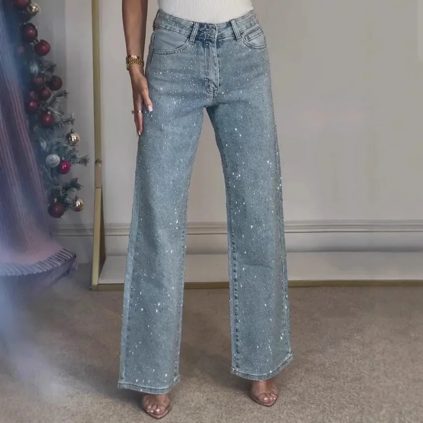 Women Diamonds Straight Jean Denim Trouser Pants Stretch High Waist