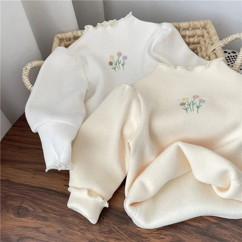 Girls Winter Warm Sweater with Puff Sleeve Flower Embroidery