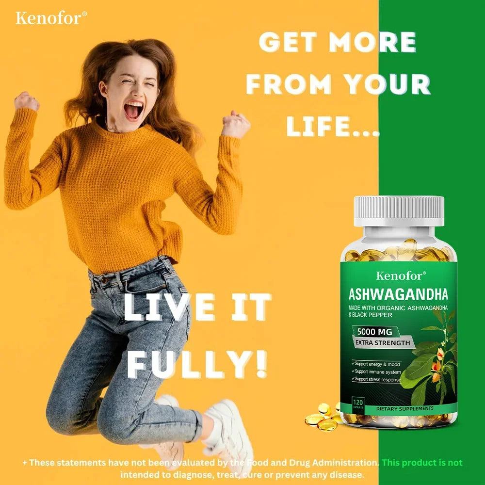 Ashwagandha Supplement 4800 Mg, Natural Adaptogen, Brain and Memory Enhancer, Improved Mood, Sleep and Energy, 120 Capsules
