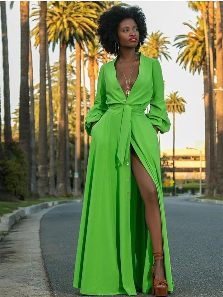 Women V Neck Sexy Long Sleeve Tassel Party Dress