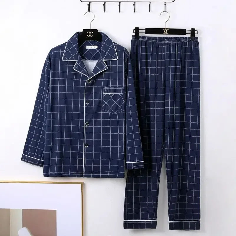 Men's Pajamas Long-Sleeved 2PCS Set Cardigan Plaid Top Trousers Nightwear