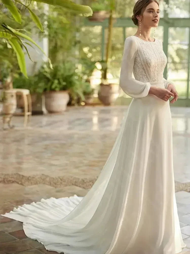 Boho Beach Wedding Dress - Long Sleeve Lace Gown Customizable