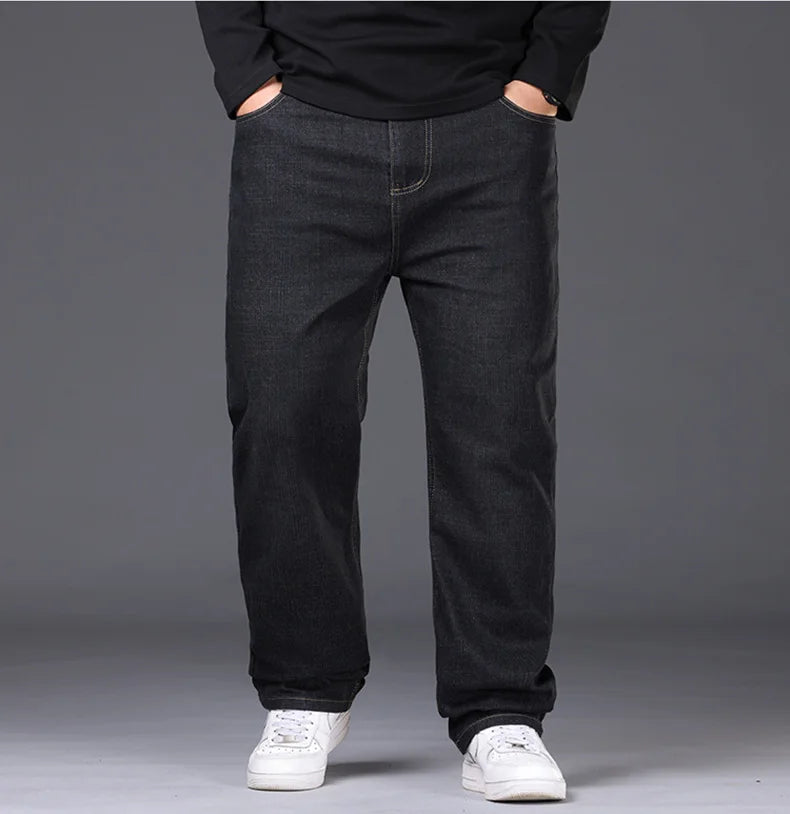 34-50 Sizes Men's Stretch Jeans Straight Leg Denim Pants Extended Sizing Blue/Black Streetwear Relaxed Fit for Work & Casual