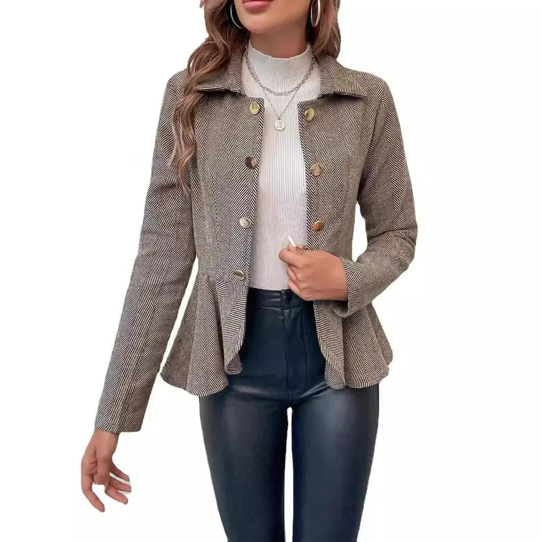 Women Ruffle Slim Blazer Jacket Long Sleeve Double Breasted
