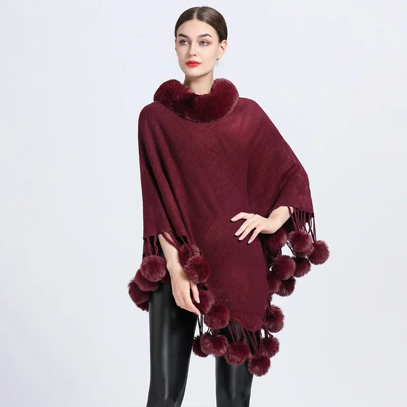 Women's Elegant Poncho Coat Faux Fur Collar Balls Autumn or Winter Knit Pullover Cape