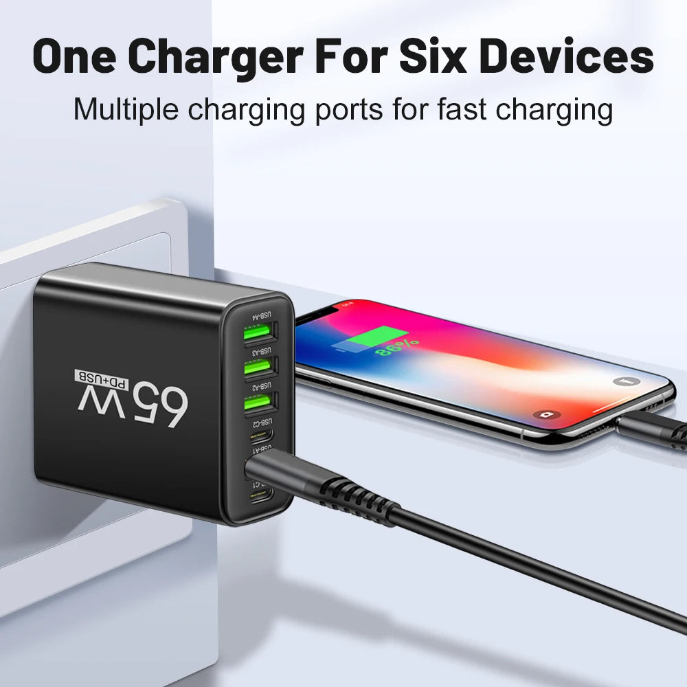 65W 6 in 1 4 USB 2 Type C Quick Charging Fast Wall Charger For iPhone Samsung Xiaomi Huawei Oppo Mobile Phone Adapter