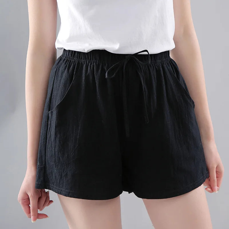 Women Summer Shorts Korean Wide Leg Casual Solid Drawstring Elastic Waist Cotton