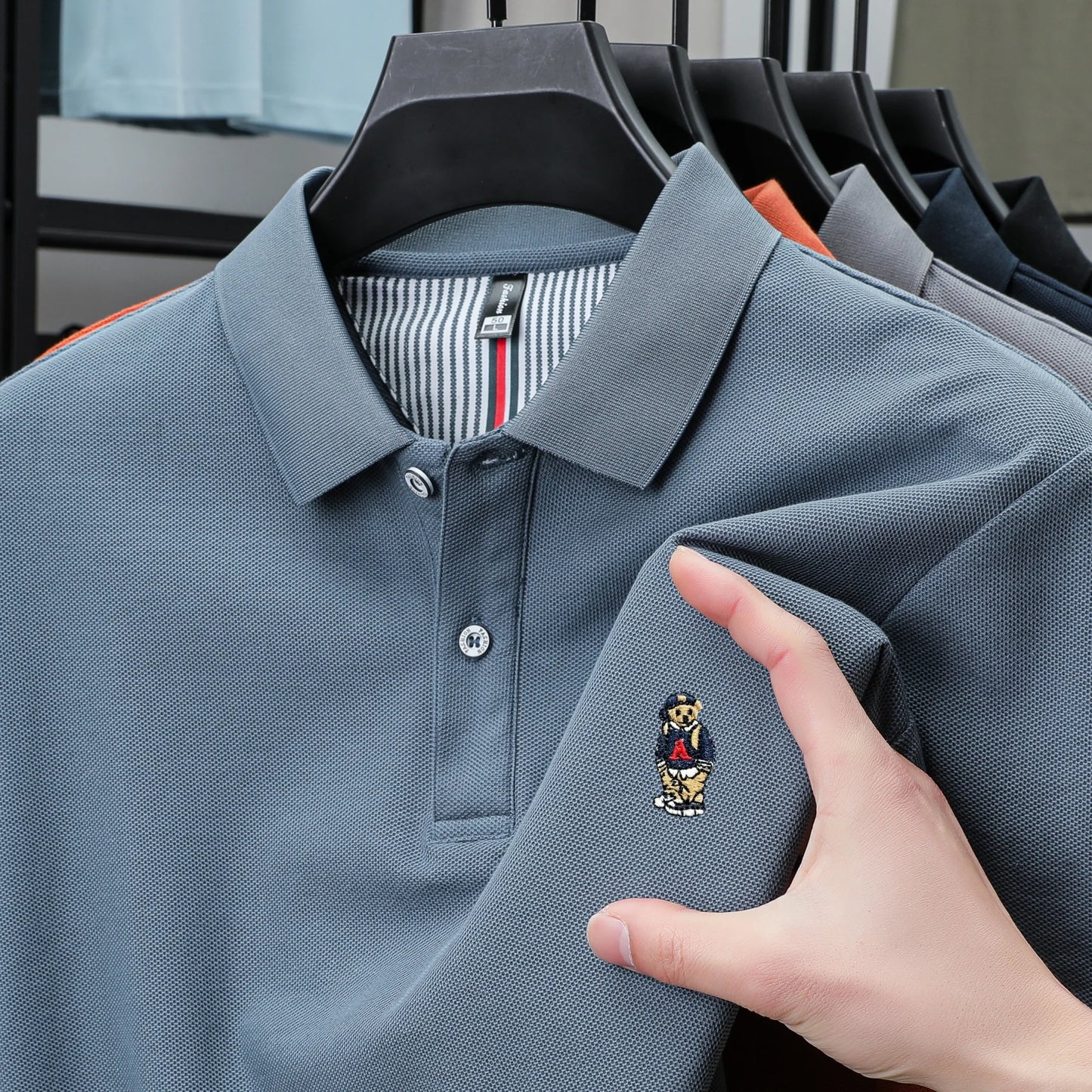 100% cotton high-end brand men short sleeve polo shirt cartoon bear embroidery comfort texture skin friendly breathable T-shirt