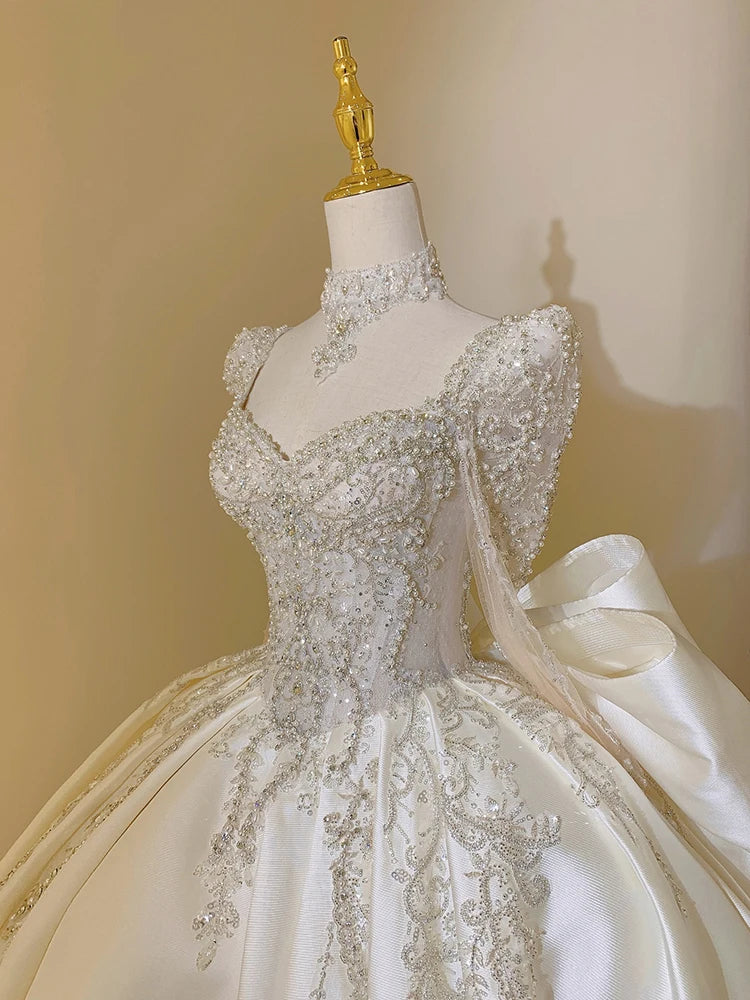 Satin Wedding Dress with Square Collar Lace up Luxury Bridal Ball Gown Floor-Length off the Shoulder with Train