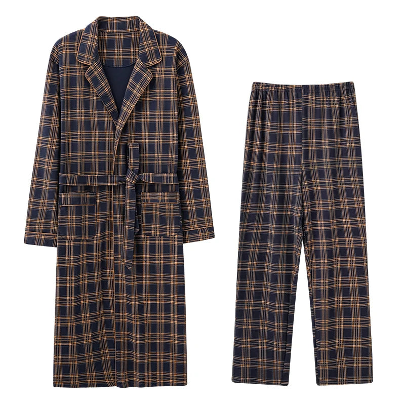 Men’s Cotton Robe Long Sleeve Kimono Bathrobe With Long Pants 2pcs Robes Set Sleepwear Spring Autumn V-Neck Plaid Pajama