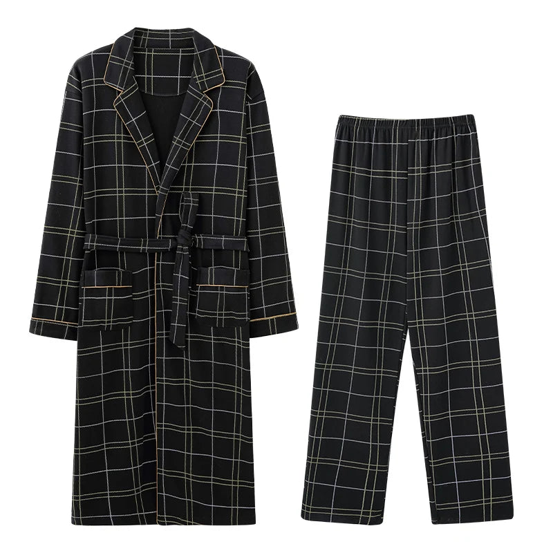 Men’s Cotton Robe Long Sleeve Kimono Bathrobe With Long Pants 2pcs Robes Set Sleepwear Spring Autumn V-Neck Plaid Pajama