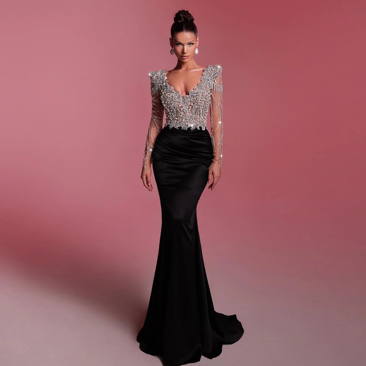 Elegance Silk Satin Long Mermaid Dresses with Luxury Rhinestone Pearls
