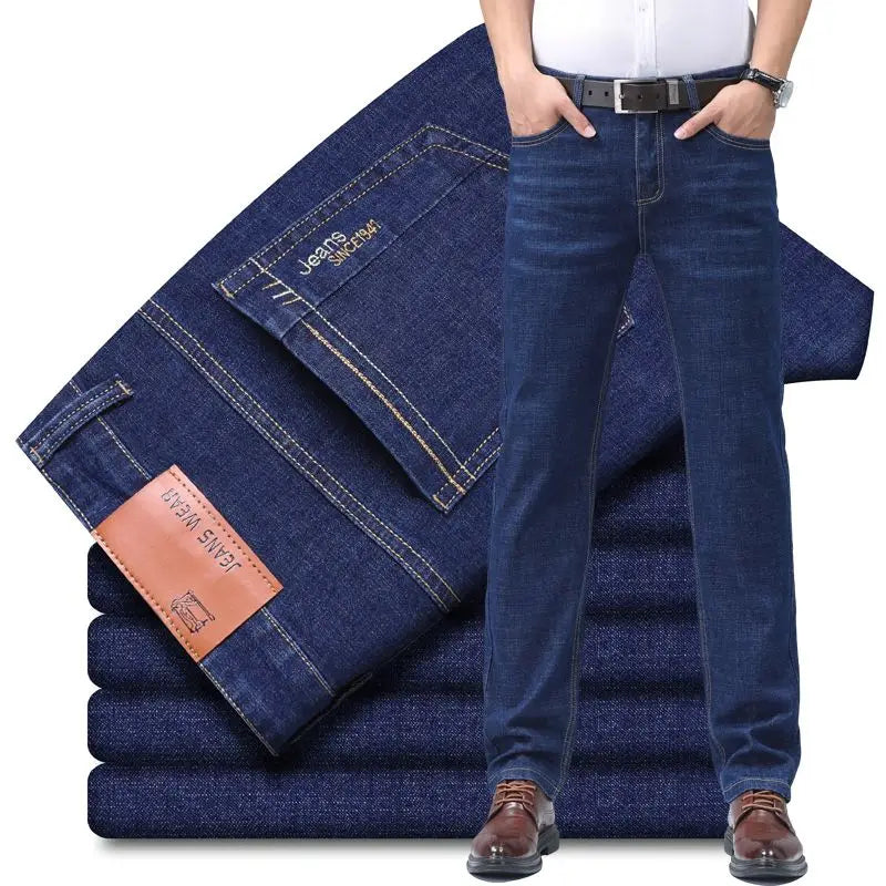 Summer Thin Men's Elastic Cotton Blue Jeans Comfortable Straight Casual Wear Pants