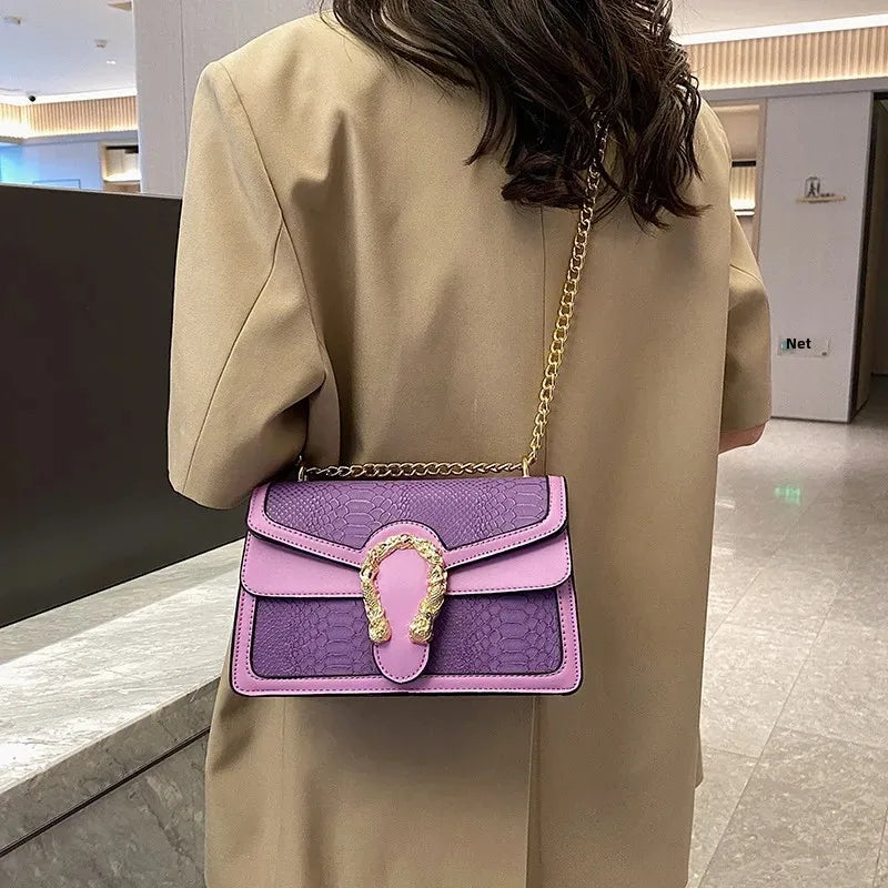 Gold Chain Crossbody Women's Fashion Bag Crocodile Pattern