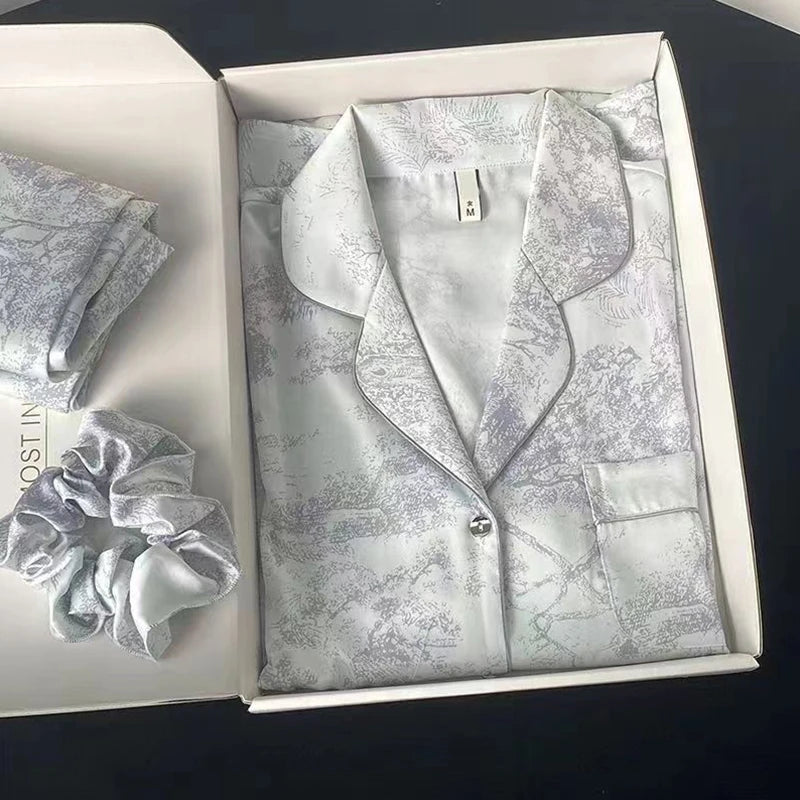 New Ice Silk Women Pajama Lapel Button Cardigan 2 Piece Set