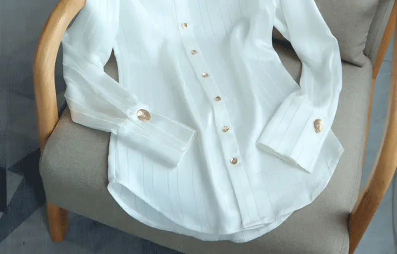 White Striped Shirt For Women's Single Breasted Loose Fitting Shirt
