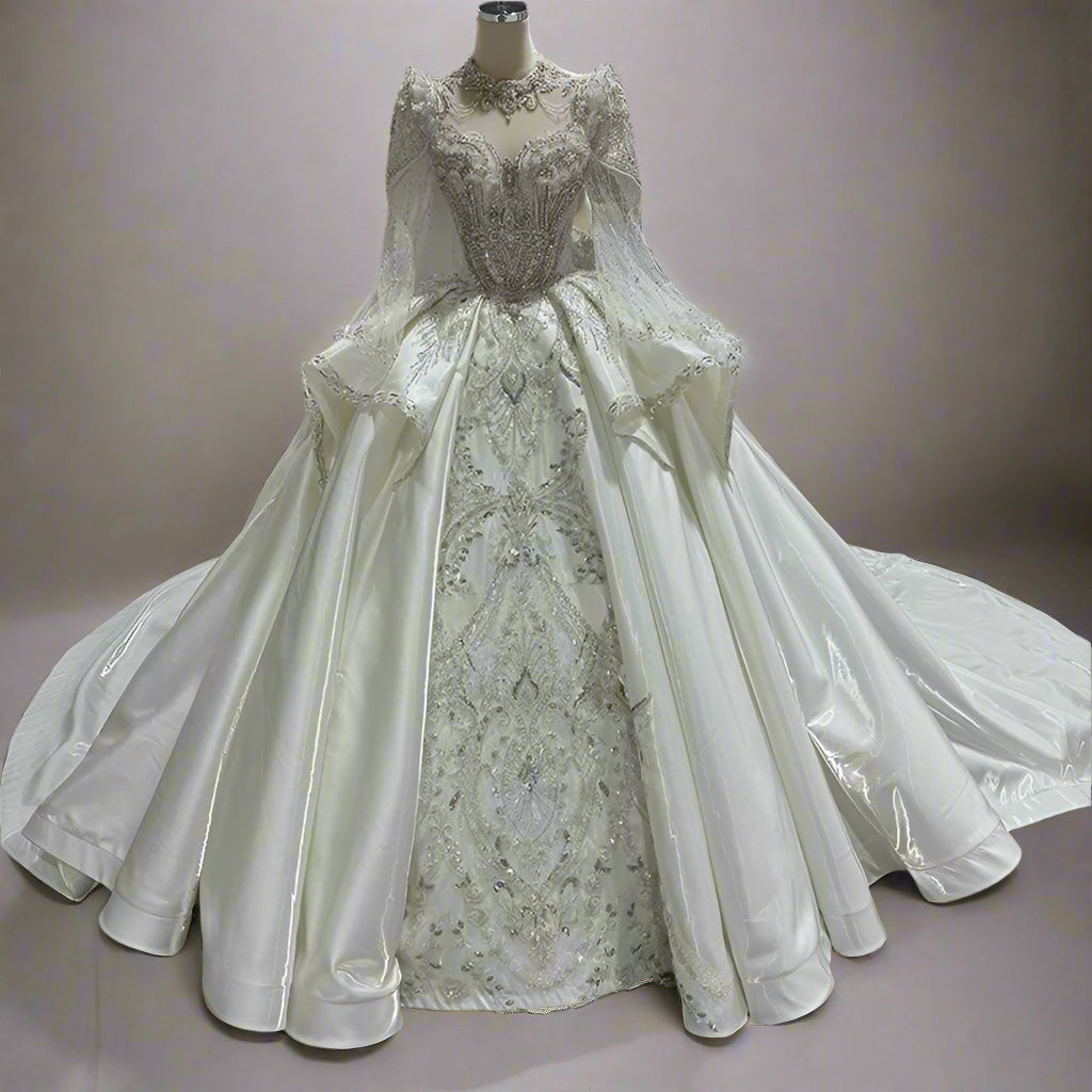 Charming Wedding Beading O-Neck Satin Bridal Dress Gowns Ruffles Long Sleeves