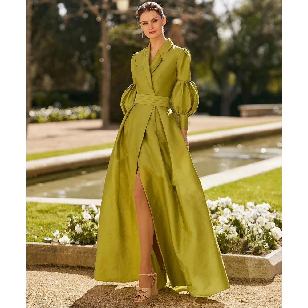 Luxury Evening Dress Long Sleeve Floor Length Satin Solid Color Elegant A-Line Formal