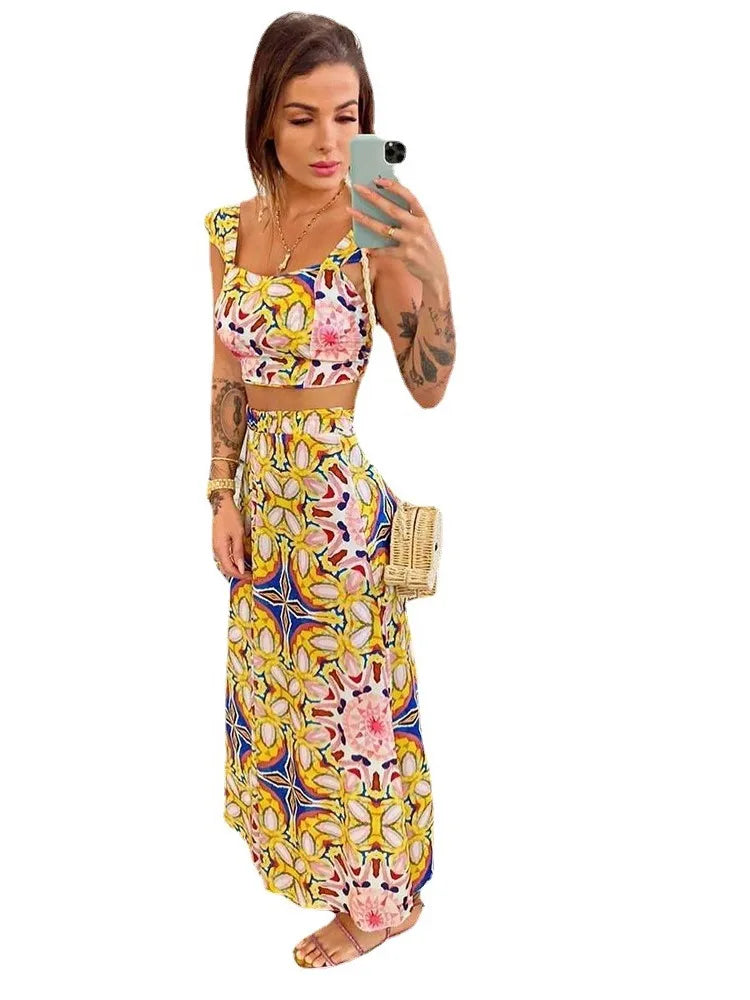 Bohemian Summer Style Two Piece Print A-Line Skirt & Camisole