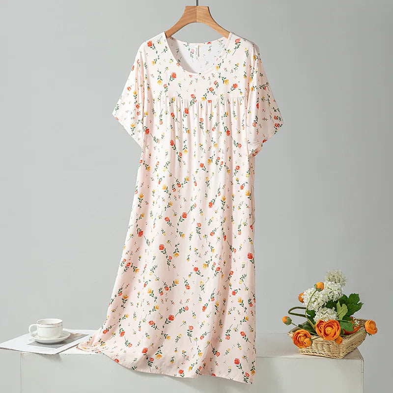 Summer Women Nightgown Short Sleeve Round Neck