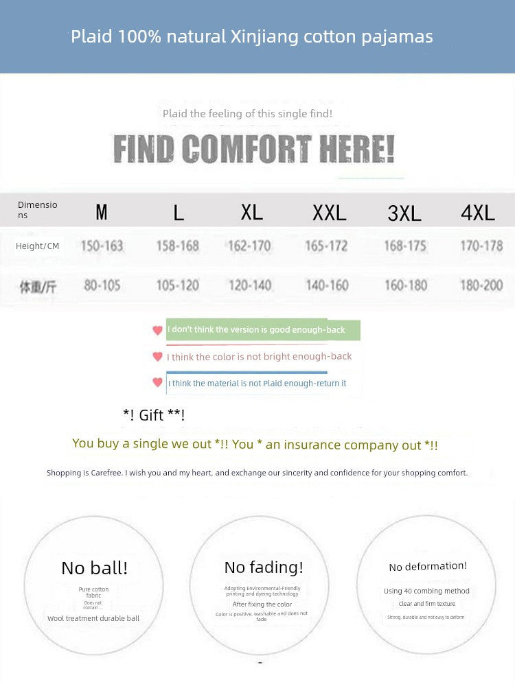 Cotton Couple Pajamas for Men and Women Spring and Autumn Pure Cotton Thin Plaid Long Sleeves Plus Size Outerwear
