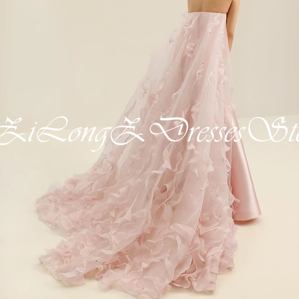 Customized Exquisite Pink Satin Lace Sequined Evening Mermaid Dress Back Strapless Sleeveless Train Prom Gown